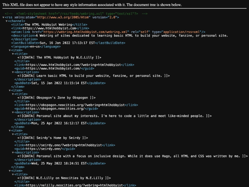 This XML file does not appear to have any style information associated with it. The document tree is shown below.<rss xmlns:atom="http://www.w3.org/2005/Atom" version="2.0"><channel><title>The HTML Hobbyist</title><link>https://www.htmlhobbyist.com/</link><atom:link href="https://www.htmlhobbyist.com/feed.xml" rel="self" type="application/rss+xml"/><description>News, Updates, and Changelog information about The HTML Hobbyist.</description><image><url>https://www.htmlhobbyist.com/html-hobbyist-rss.png</url><title>The HTML Hobbyist</title><link>https://www.htmlhobbyist.com/</link>